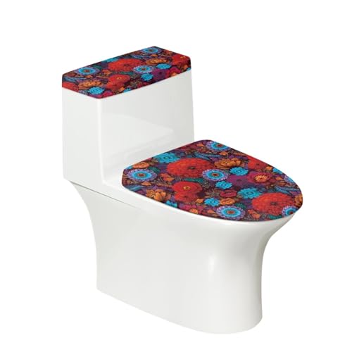Toilettendeckel Rote Lila Blumen WC Deckelbezug Polyester Universal Waschbar mit Elastikrand Toilettenbrille Toilettenwassertank Schutzabdeckung Toilettendeckelbezug (2 Stück) von Homeyang