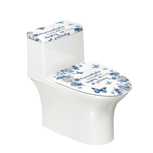 Toilettendeckel Schmetterling Blaue Blume WC Deckelbezug Polyester Universal Waschbar mit Elastikrand Toilettenbrille Toilettenwassertank Schutzabdeckung Toilettendeckelbezug (4 Stück) von Homeyang