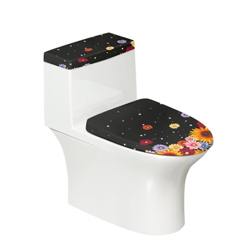 Toilettendeckel Schwarze Gelbe Sonnenblumen WC Deckelbezug Polyester Universal Waschbar mit Elastikrand Toilettenbrille Toilettenwassertank Schutzabdeckung Toilettendeckelbezug (4 Stück) von Homeyang