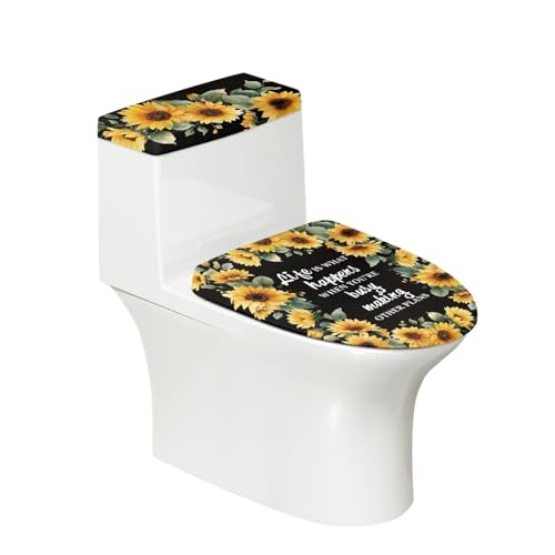 Toilettendeckel Schwarze Gelbe Sonnenblumen WC Deckelbezug Polyester Universal Waschbar mit Elastikrand Toilettenbrille Toilettenwassertank Schutzabdeckung Toilettendeckelbezug (4 Stück) von Homeyang