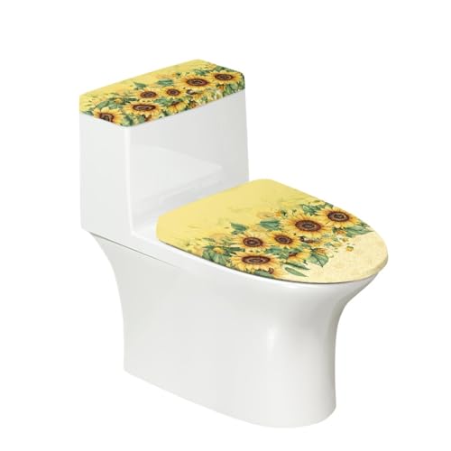 Toilettendeckel Sonnenblumen Gelbe Blätter WC Deckelbezug Polyester Universal Waschbar mit Elastikrand Toilettenbrille Toilettenwassertank Schutzabdeckung Toilettendeckelbezug (4 Stück) von Homeyang