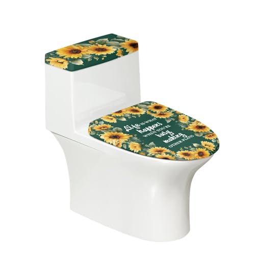 Toilettendeckel Sonnenblumen Grün Gelb WC Deckelbezug Polyester Universal Waschbar mit Elastikrand Toilettenbrille Toilettenwassertank Schutzabdeckung Toilettendeckelbezug (4 Stück) von Homeyang