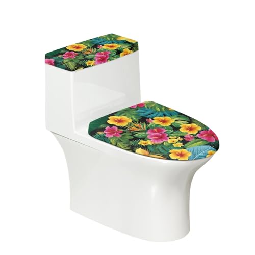 Toilettendeckel Tropische Grüne Blumen WC Deckelbezug Polyester Universal Waschbar mit Elastikrand Toilettenbrille Toilettenwassertank Schutzabdeckung Toilettendeckelbezug (4 Stück) von Homeyang