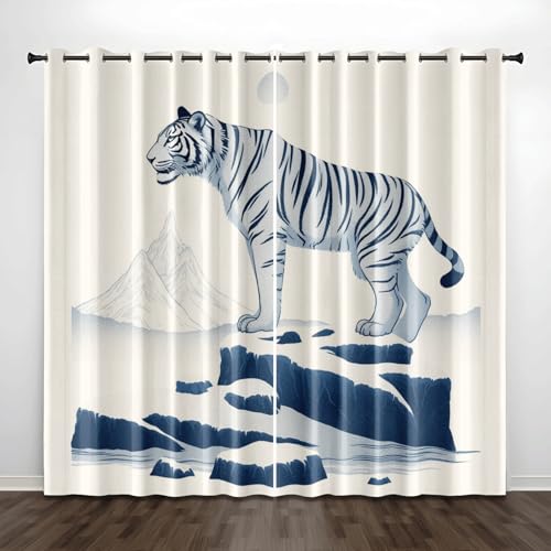 Verdunklungsvorhänge Blauer Weißer Tiger Gardinen Wohnzimmer Schlafzimmer Polyester Waschbar Vorhänge Blickdicht Thermovorhang mit ösen 2er Schallschutz Vorhang 2x85x200 cm von Homeyang