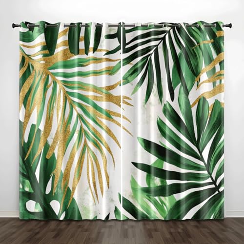 Verdunklungsvorhänge Goldgrün Tropisch Gardinen Wohnzimmer Schlafzimmer Polyester Waschbar Vorhänge Blickdicht Thermovorhang mit ösen 2er Schallschutz Vorhang 2x140x250 cm von Homeyang