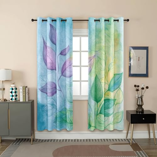 Verdunklungsvorhänge Grüne Lila Blätter Gardinen Wohnzimmer Schlafzimmer Polyester Waschbar Vorhänge Blickdicht Thermovorhang mit ösen 2er Schallschutz Vorhang 2x140x250 cm von Homeyang