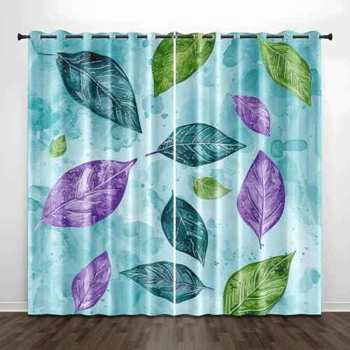 Verdunklungsvorhänge Lila Blaue Blätter Gardinen Wohnzimmer Schlafzimmer Polyester Waschbar Vorhänge Blickdicht Thermovorhang mit ösen 2er Schallschutz Vorhang 2x140x250 cm von Homeyang