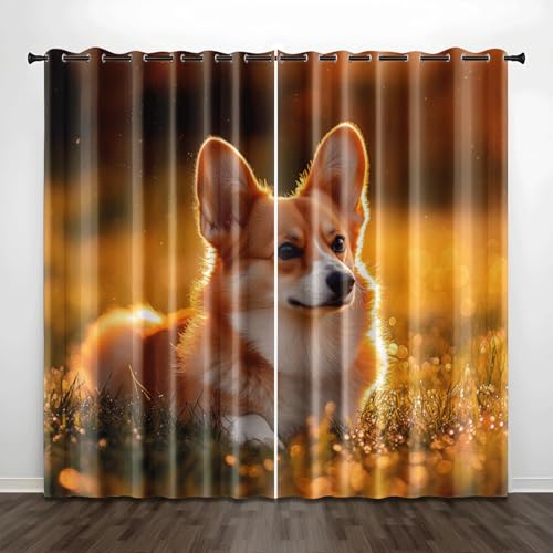 Verdunklungsvorhänge Orange Gras Hund Gardinen Wohnzimmer Schlafzimmer Polyester Waschbar Vorhänge Blickdicht Thermovorhang mit ösen 2er Schallschutz Vorhang 2x110x215 cm von Homeyang