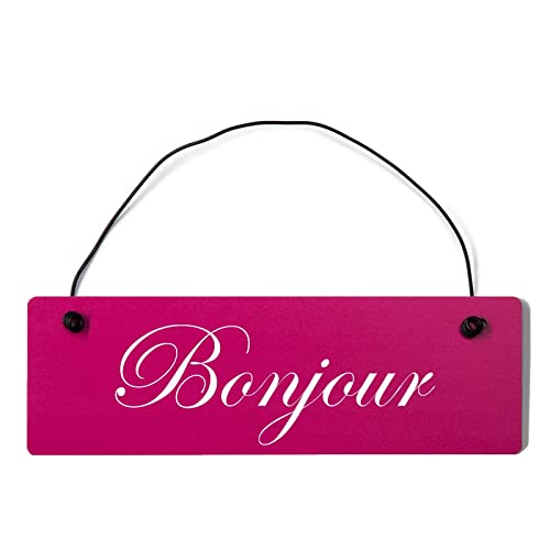 Deko Shabby Chic Schild Bonjour in pink Vintage Holz Türschild mit Draht von Homeyourself