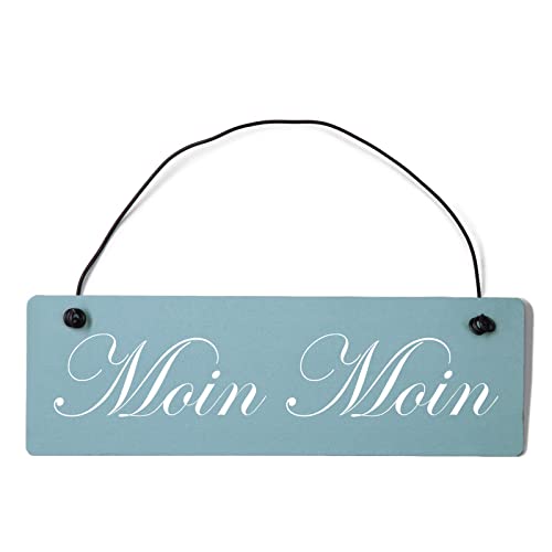 Deko Shabby Chic Schild Moin Moin Vintage Holz Türschild in hellblau mit Draht von Homeyourself