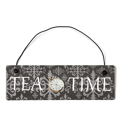 Deko Shabby Chic Schild Tea Time Vintage Holz Türschild in anthrazit mit Draht von Homeyourself