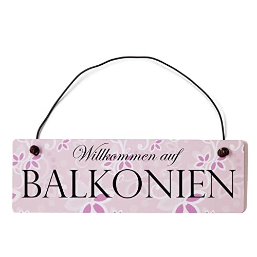 Deko Shabby Chic Schild Willkommen auf Balkonien Vintage Holz Türschild in rosa mit Draht von Homeyourself