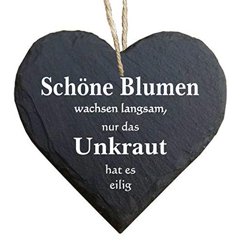 Homeyourself Herz Schieferherz Schiefer Schieferschild 10 x 10 cm Schöne Blumen wachsen langsam Unkraut hat es eilig schwarz Dekoschild Wandschild Schild Stein Garten von Homeyourself