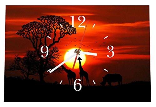 Homeyourself LAUTLOSE Designer Tischuhr Afrika Nashorn Giraffe schwarz orange Standuhr modern Dekoschild Bild 30 x 20cm von Homeyourself