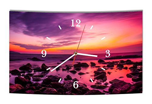 Homeyourself LAUTLOSE Designer Wanduhr Strand Sonnenuntergang lila schwarz modern Dekoschild Abstrakt Bild 38 x 25cm von Homeyourself