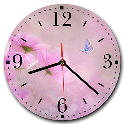 Homeyourself LAUTLOSE runde Wanduhr Blumen Schmetterling rosa lila violett aus Metall Alu-Verbund lautlos Uhrwerk rund modern Dekoschild Bild 30 x 30cm von Homeyourself