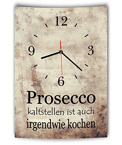 Homeyourself LAUTLOSE Designer Wanduhr mit Spruch Prosecco kaltstellen ist auch irgendwie Kochen Vintage beige Deko Schild Bild 41 x 28cm von Homeyourself