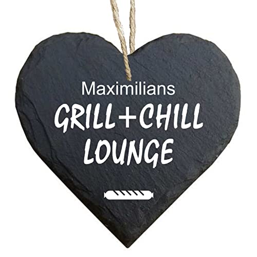 homeyourself - Schieferherz Schiefer Schild personalisiert mit Druck/Wunschtext - Grill und Chill Lounge - individualisiert von Homeyourself