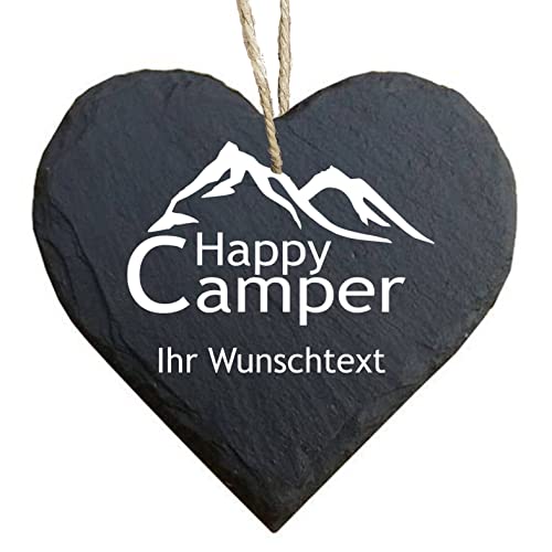 homeyourself - Schieferherz Schiefer Schild personalisiert mit Druck/Wunschtext - Happy Camping - individualisiert von Homeyourself