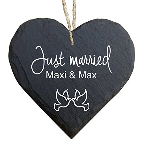 homeyourself - Schieferherz Schiefer Schild personalisiert mit Druck/Wunschtext - Just married - individualisiert von Homeyourself