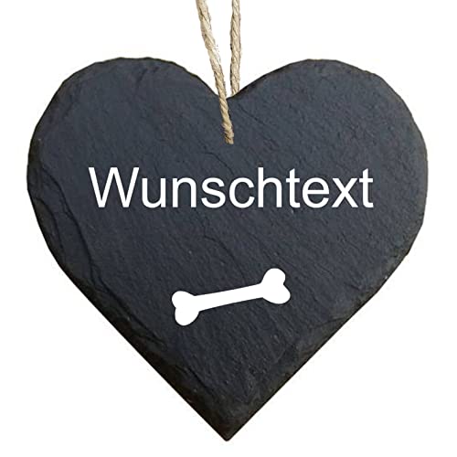 homeyourself - Schieferherz Schiefer Schild personalisiert mit Druck/Wunschtext - Knochen Hund Körbchen - dein Text - individualisiert von Homeyourself