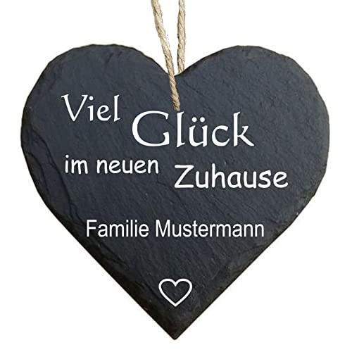 homeyourself - Schieferherz Schiefer Schild personalisiert mit Druck/Wunschtext - Viel Glück im neuen Zuhause- individualisiert von Homeyourself