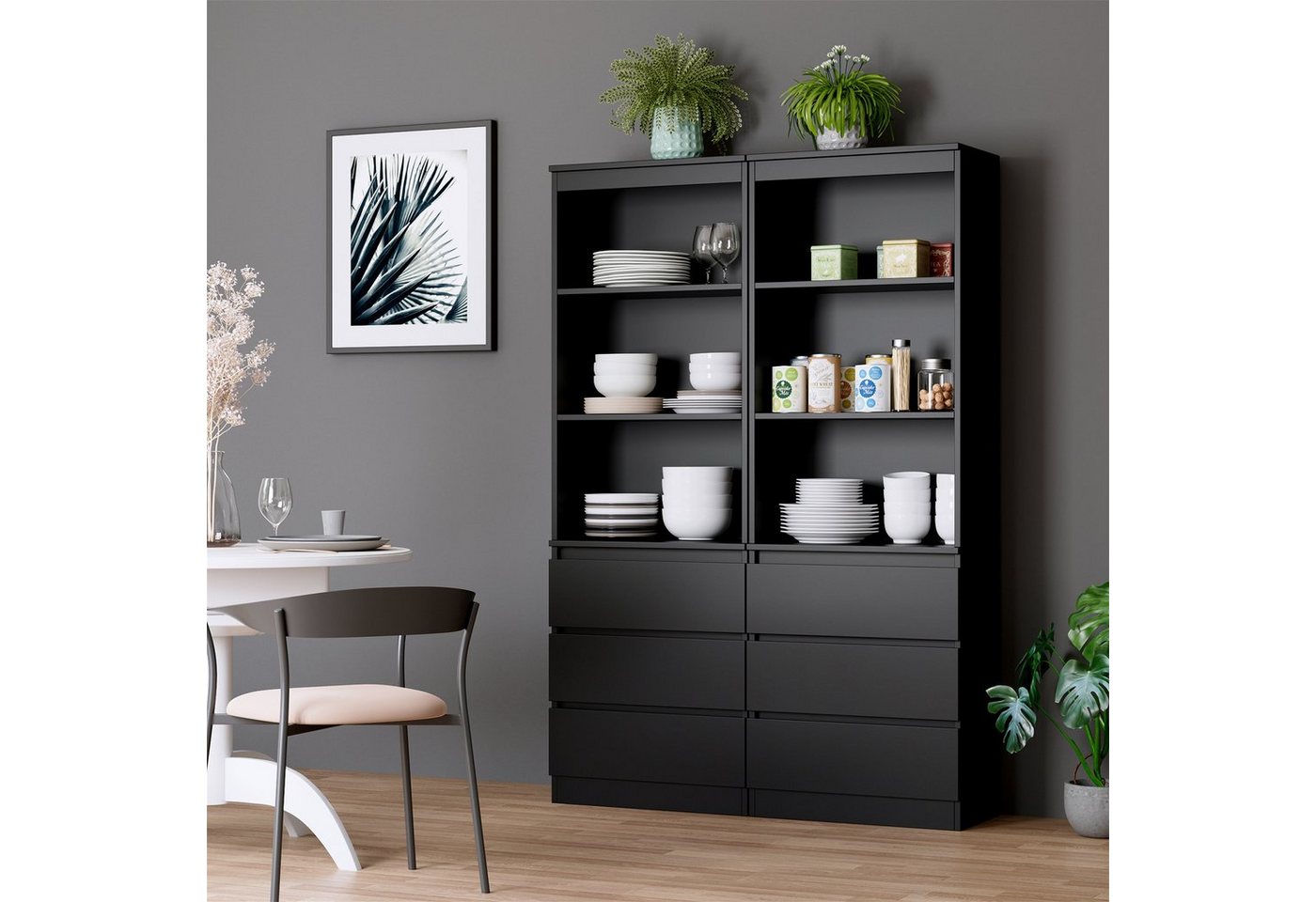 Homfa Hochschrank Bücherschrank mit 3 Schubladen, Vitrinenschrank, schwarz von Homfa