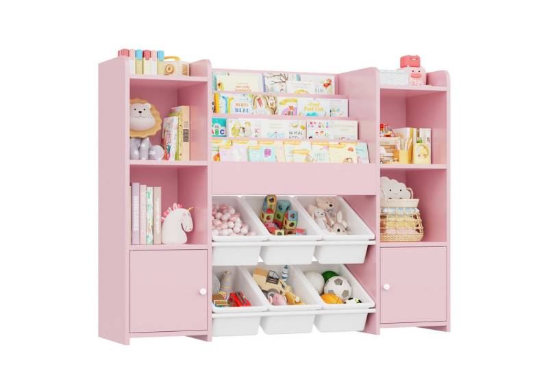 Homfa Kinderregal, Kinderbücherregal Spiegelregal mit 6 Boxen rosa 119x29x94 cm von Homfa
