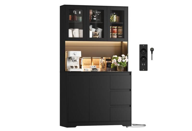 Homfa Küchenbuffet mit LED Küchenschrank Buffetschrank Sideboard schwarz mit Steckdosenleiste & Arbeitsplatte 180x100x38.5cm von Homfa