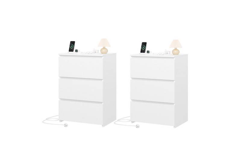 Homfa Nachttisch Nachtschrank Nachtkommode Nachtkonsole (2-St), mit 3 Schubladen, 2 AC-Steckdosen, 2 USB-Anschlüsse, 45x38x66 cm, Weiß von Homfa