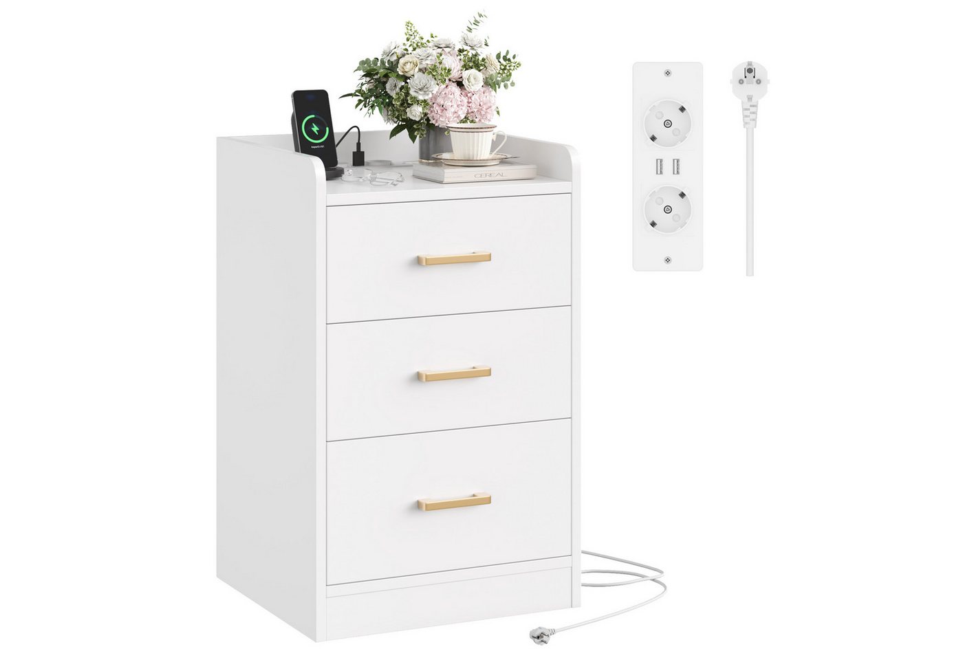Homfa Nachttisch Nachtschrank mit Ladefunktion (1-St), 3 Schubladen, 2 AC-Steckdosen, 2 USB-Anschlüsse, 40x38x66cm von Homfa