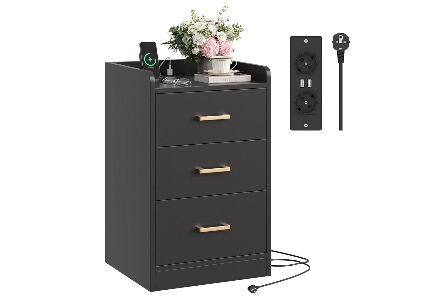 Homfa Nachttisch Nachtschrank mit Ladefunktion (1-St), 3 Schubladen, 2 AC-Steckdosen, 2 USB-Anschlüsse, 40x38x66cm von Homfa