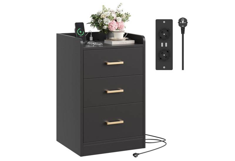 Homfa Nachttisch Nachtschrank mit Ladefunktion (1-St), 3 Schubladen, 2 AC-Steckdosen, 2 USB-Anschlüsse, 40x38x66cm von Homfa