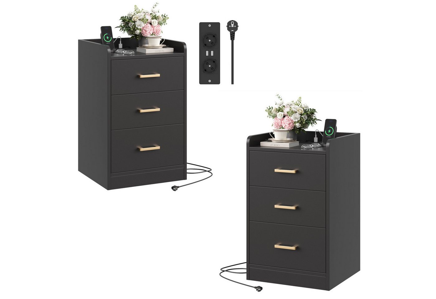 Homfa Nachttisch Nachtschrank mit Ladefunktion (2-St), 3 Schubladen, 2 AC-Steckdosen, 2 USB-Anschlüsse, 40x38x66cm von Homfa