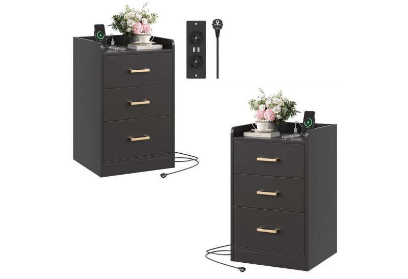 Homfa Nachttisch Nachtschrank mit Ladefunktion (2-St), 3 Schubladen, 2 AC-Steckdosen, 2 USB-Anschlüsse, 40x38x66cm von Homfa