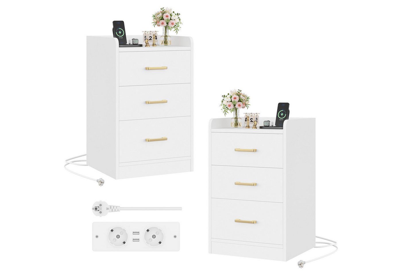 Homfa Nachttisch Nachtschrank mit Ladefunktion (2-St), 3 Schubladen, 2 AC-Steckdosen, 2 USB-Anschlüsse, 40x38x66cm von Homfa