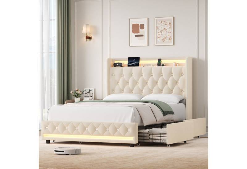 Homfa Polsterbett 140x200 Bett Doppelbett Bettgestell, mit Ladefunktion und 4 Schubladen, LED-Beleuchtung, ohne Matratze von Homfa