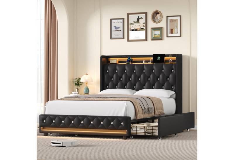 Homfa Polsterbett 140x200 Bett Doppelbett Bettgestell, mit Ladefunktion und 4 Schubladen, LED-Beleuchtung, ohne Matratze von Homfa