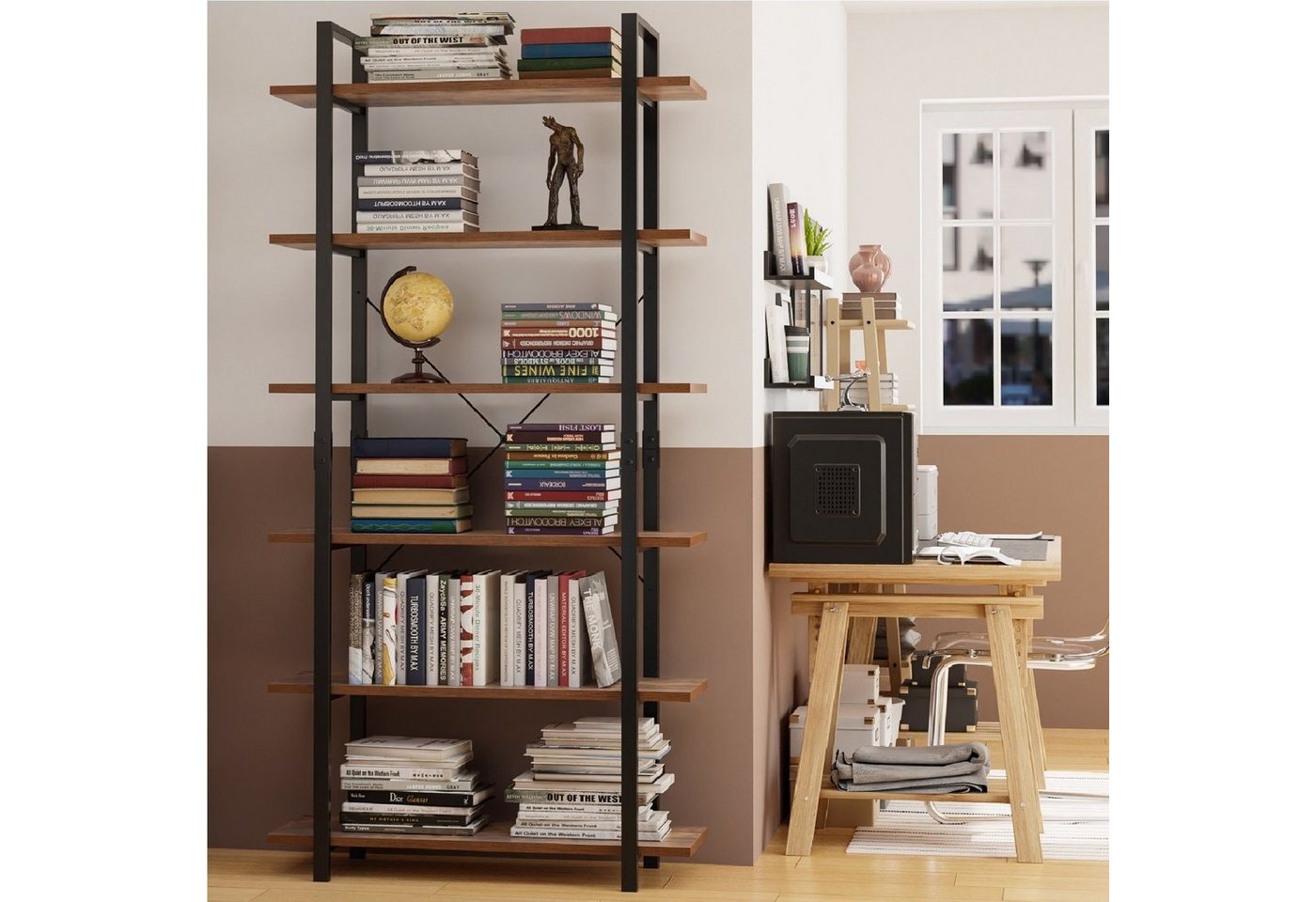 Homfa Standregal, schwarz Bücherregal Küchenregal 6 Ebenen Metall Holz 210cm von Homfa