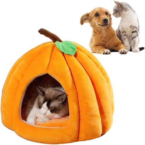 2025 Süße Katzenhöhle in Kürbisform, Verdicktes, warmes, halbgeschlossenes Haustiernest, abnehmbare und waschbare Matte, Welpenhaus für kleine Hunde und Katzen von Homg
