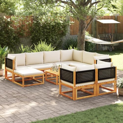 Homgoday 10-TLG. Garten-Sofagarnitur mit Kissen Gartenmöbel Gartenlounge Gartensofa Set Balkonmöbel Sitzgruppe Massivholz Akazie Schwarz und Creme(5X Eckteil + 3X Mittelteil + Fußstütze + Tisch) von Homgoday