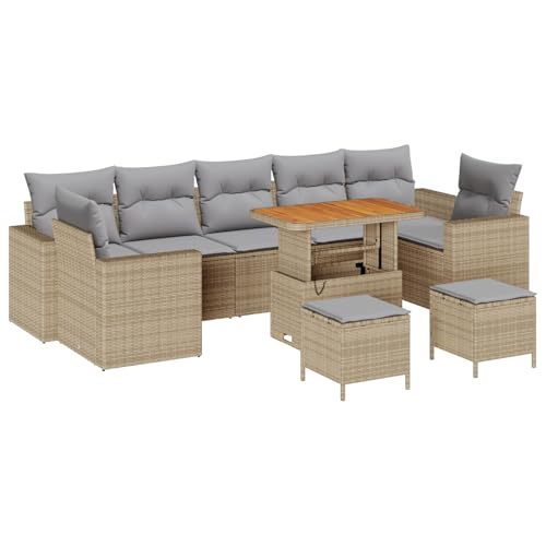 Homgoday 10-teilige Garten Sofagarnitur mit Kissen in Beige Poly Rattan und Akazie Lounge Möbel Outdoor von Homgoday