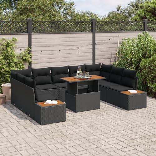 Homgoday 10-teiliges Garten Essgruppe mit Kissen Schwarz Poly Rattan Akazie Gartenmöbel Set Terassenmöbel Außen von Homgoday