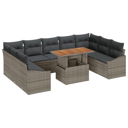 Homgoday 10-teiliges Garten Esstisch Set mit Kissen Grau Poly Rattan Akazie Outdoor M?Bel mit Sessel Model3349880 von Homgoday