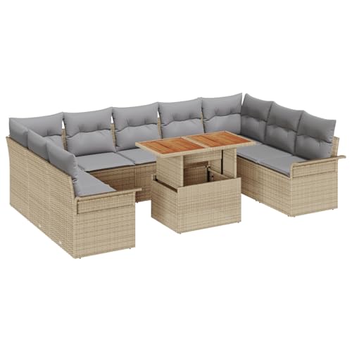 Homgoday 10-teiliges Garten Esszimmer Set mit Kissen Beige Poly Rattan Akazie Outdoor M?Bel mit Sessel Model3349377 von Homgoday
