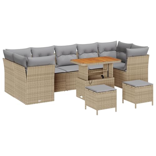 Homgoday 10-teiliges Garten Sofa Set mit Kissen Beige Poly Rattan Akazie Lounge Möbel Outdoor von Homgoday