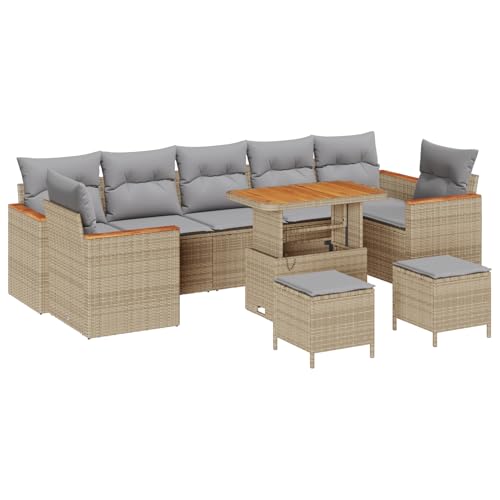 Homgoday 10-teiliges Garten Sofa Set mit Kissen Beige Poly Rattan Akazie Lounge Möbel Outdoor von Homgoday