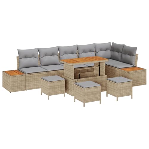 Homgoday 10-teiliges Garten-Sofa-Set mit Kissen Beiges Poly Rattan Akazie Lounge Möbel Outdoor von Homgoday