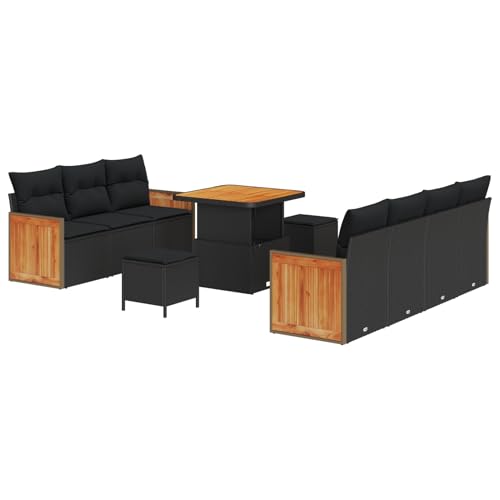 Homgoday 10-teiliges Garten-Sofaset mit Kissen Schwarz Poly Rattan Akazie Lounge Möbel Outdoor von Homgoday