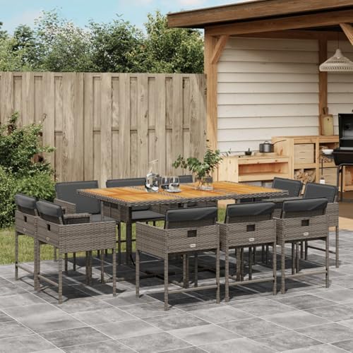 Homgoday 11-TLG. Garten-Essgruppe mit Kissen Grau Poly Rattan Garten-Esstisch und Stühle Model3211394 von Homgoday